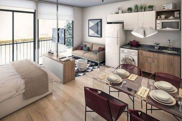 cara memanfaatkan dinding untuk desain kamar apartemen studio