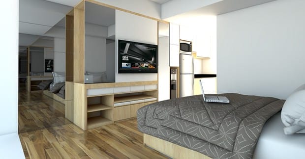 desain kamar apartemen tipe studio dengan cermin