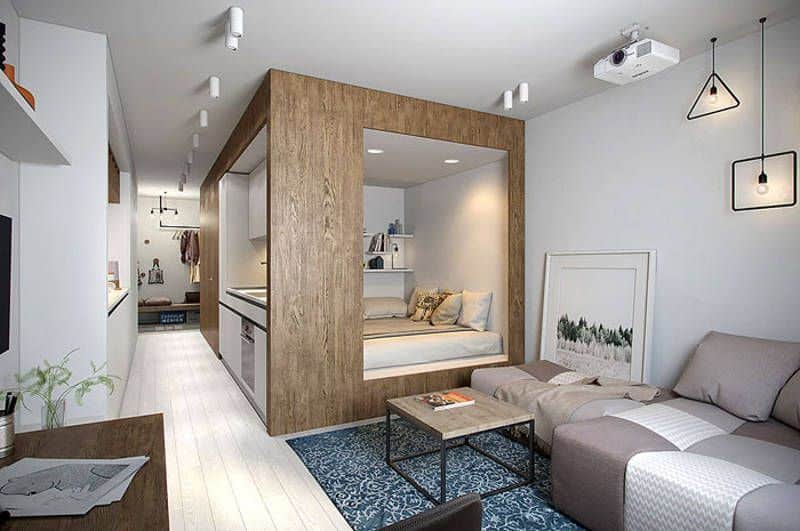 desain kamar apartemen tipe studio dengan ruang vertikal