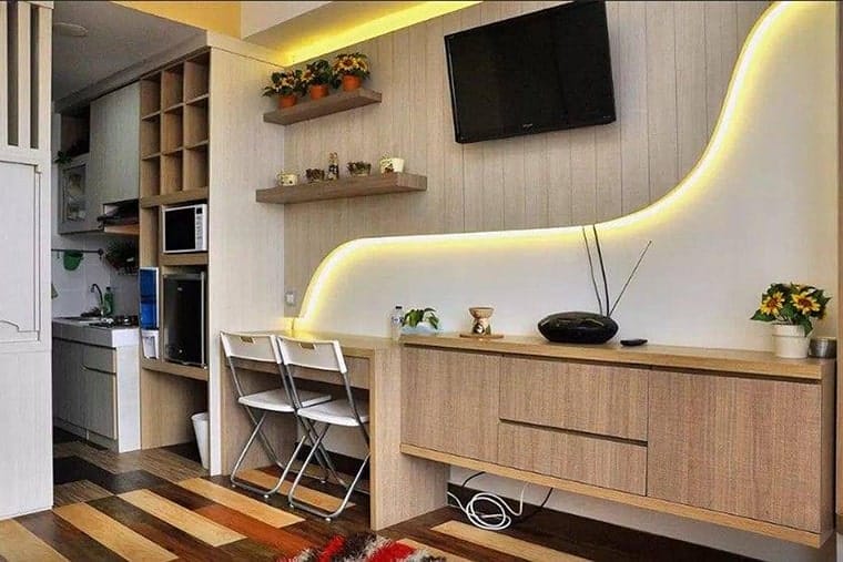 desain apartemen kecil dengan furnitur kaki ramping